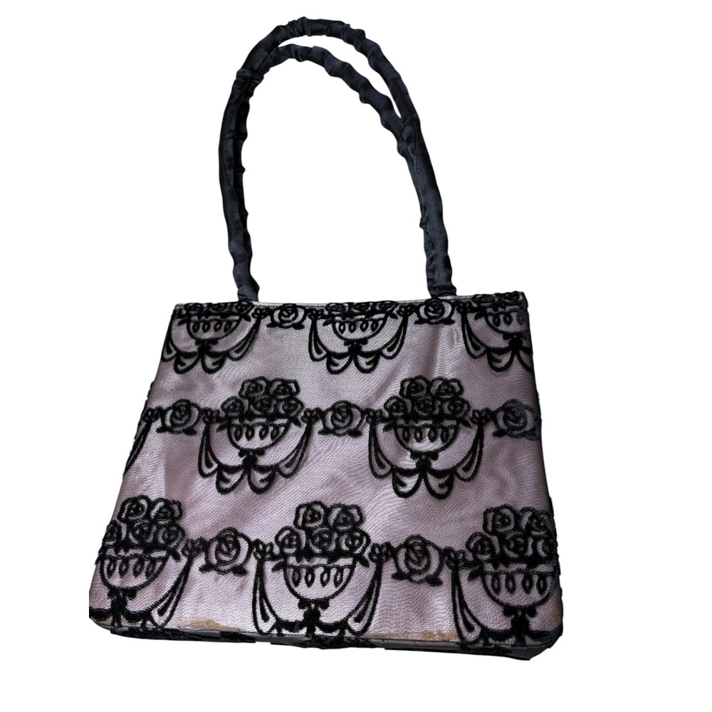 Victoria Secret Pink Black Velvet Floral Flocked Evening Bag Satin Tote Handbag